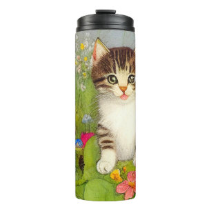 Vintage Smiling Cat Illustration Thermal Tumbler