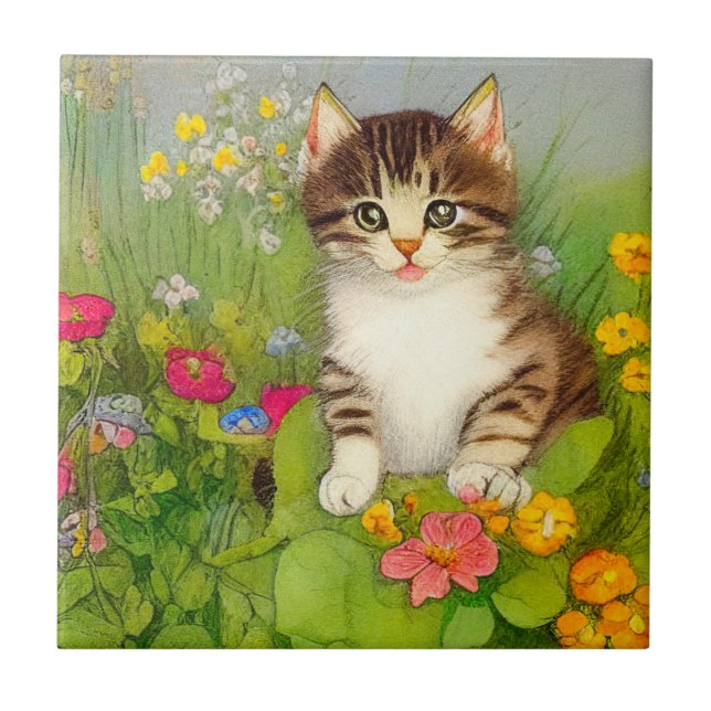 Vintage Smiling Cat Illustration Tile (Front)