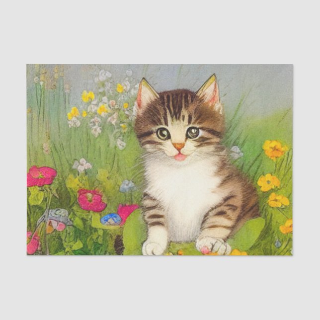 Vintage Smiling Cat Illustration Tissue Paper (Front)