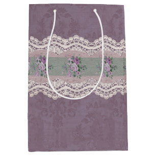 Vintage Smokey Mauve Damask Roses Lace Medium Gift Bag