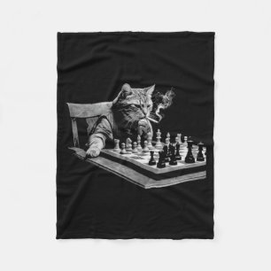 Vintage Smoking Cat Playing Chess Board Game Day Fleece Blanket