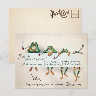 Vintage Smoking Frogs Christmas Postcard 