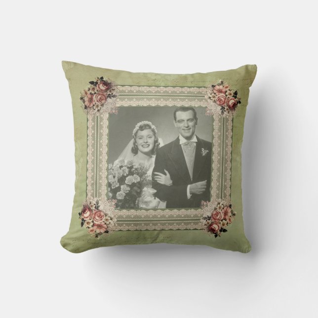 Vintage Smoky Green Damask Memory Photo Cushion (Front)