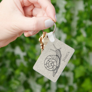 Vintage Snail Illustration Taupe Herringbone Key Ring