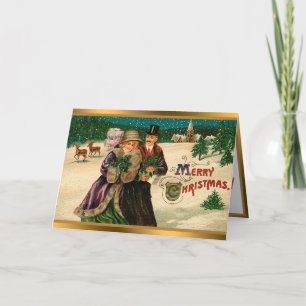 Vintage Snow And Reindeer Christmas Holiday Card