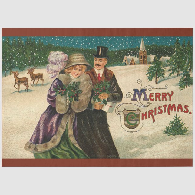 Vintage Snow And Reindeer Christmas Tissue Paper (Front)