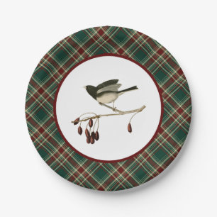 Vintage Snow Bird with Christmas Plaid Pattern Paper Plate