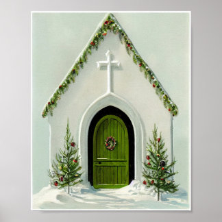 Vintage Snow Covered Church at Christmas Poster