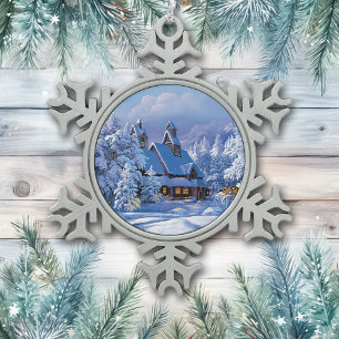 Vintage Snow Covered House and Forest Trees Snowflake Pewter Christmas Ornament