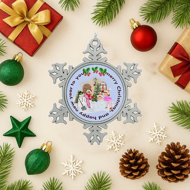 Vintage Snow Day Kids Pink Outdoor Christmas Scene Snowflake Pewter Christmas Ornament (Creator Uploaded)
