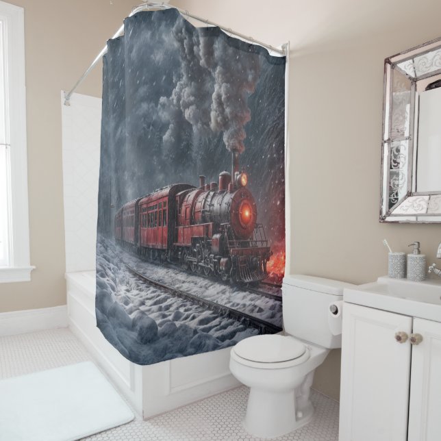 Vintage Snow Train Shower Curtain (In Situ)