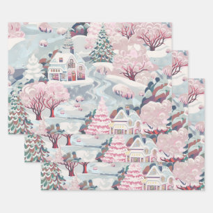 Vintage Snow Village Pretty Pink Christmas Wrapping Paper Sheet