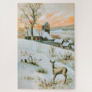 Vintage snow winter landscape with deer jigsaw puzzle