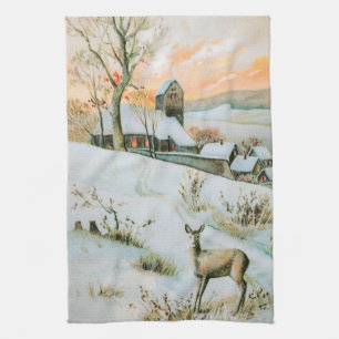 Vintage snow winter landscape with deer tea towel