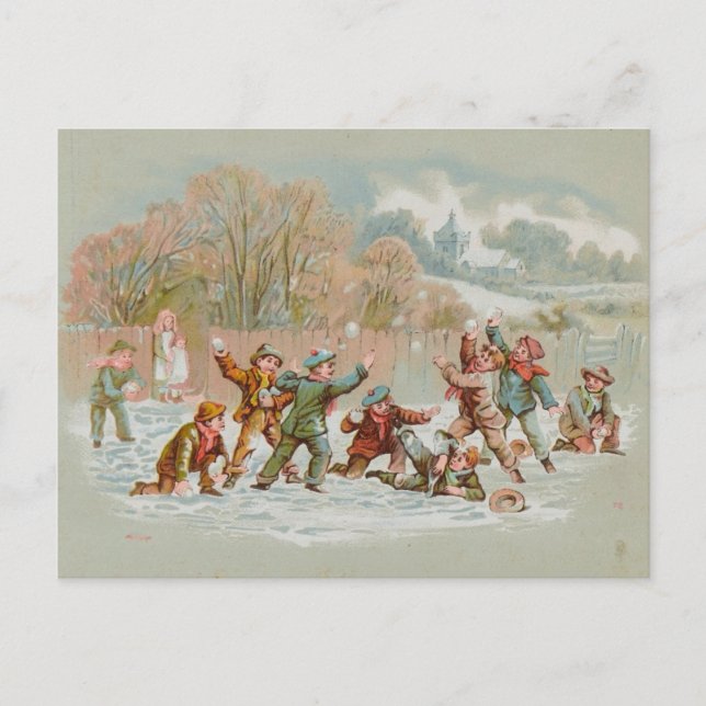 Vintage Snowball Fight Holiday Postcard (Front)