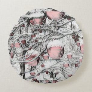 Vintage Snowed Trees with ornaments drawing Round Cushion