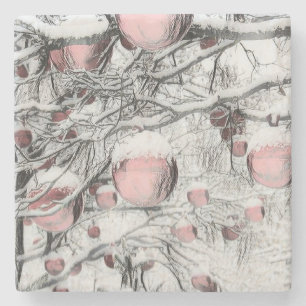Vintage Snowed Trees with ornaments drawing  Stone Coaster