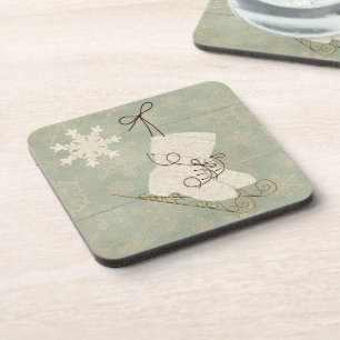 Vintage snowflake ice skates cute rustic winter coaster