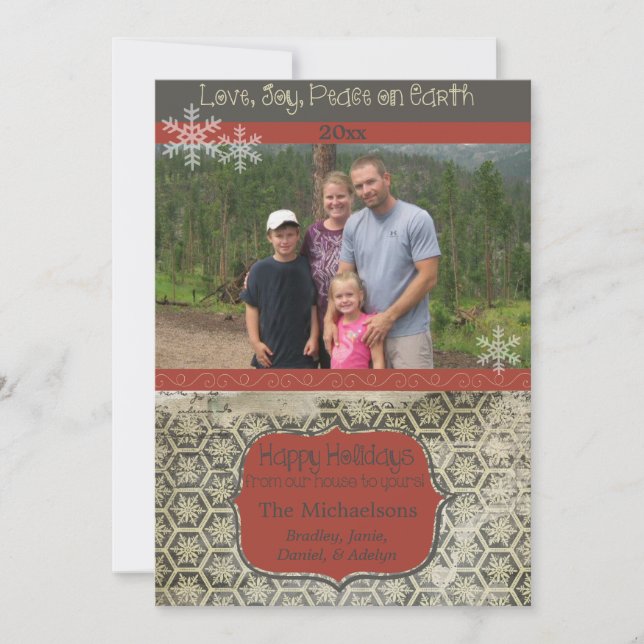 Vintage Snowflakes on Charcoal Photo Holiday Card (Front)