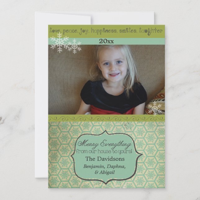Vintage Snowflakes on Teal Photo Holiday Card (Front)