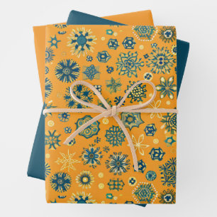 Vintage Snowflakes on Yellow Wrapping Paper Sheet