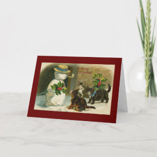 Vintage snowman and cats christmas card