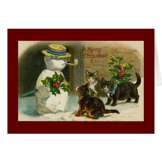 Vintage snowman and cats christmas card