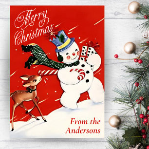 Vintage Snowman And Deer Custom Christmas Holiday Card