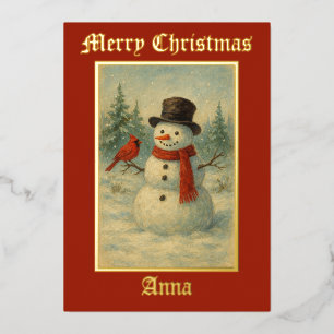 Vintage Snowman and Red Bird Christmas Foil Holiday Card