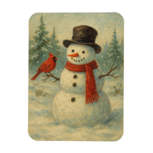 Vintage Snowman and Red Bird Christmas Magnet
