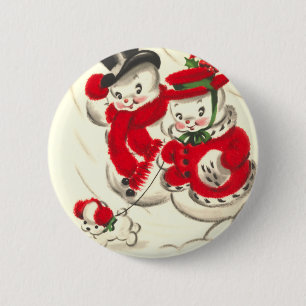 Vintage Snowman and Snowwoman Round Button