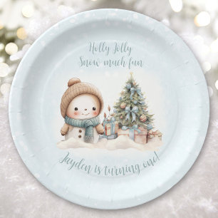 Vintage Snowman Blue Christmas First Birthday Paper Plate