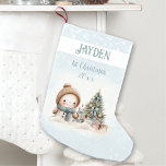 Vintage Snowman Boy Blue 1st Christmas Stocking<br><div class="desc">Cute Christmas stocking for boys with an adorable snowman and Christmas tree in blue with vintage vibes. Easily personalise the text and you can use it not just for first Christmas. :) - Kate Eden Art</div>