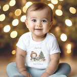 Vintage Snowman Boy Blue First Christmas Name Baby T-Shirt<br><div class="desc">Cute First Christmas or 1st Christmas Birthday baby t-shirt with an adorable snowman and Christmas tree in blue with vintage vibes. Easily personalise the text. :) - Kate Eden Art</div>