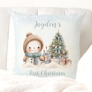 Vintage Snowman Boy Blue First Christmas Pillow