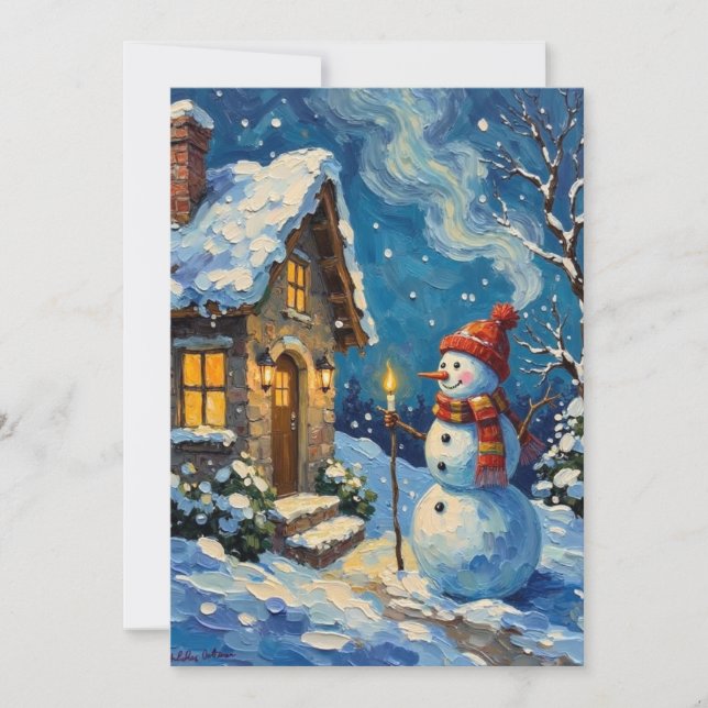 Vintage Snowman by Candlelit Christmas Cottage Holiday Card (Front)