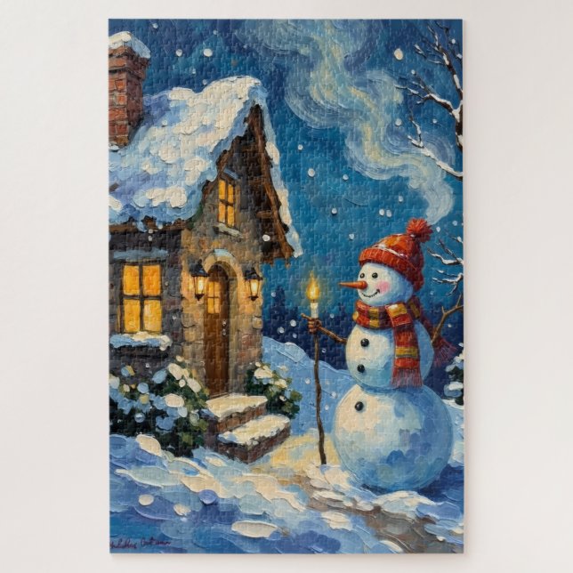 Vintage Snowman by Candlelit Christmas Cottage Jigsaw Puzzle (Vertical)