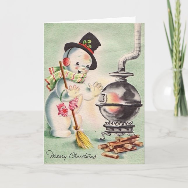 Vintage Snowman By The Wood Stove Holiday Card (Front)