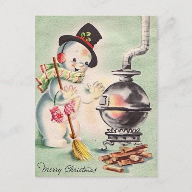 Vintage Snowman By The Wood Stove Postcard (Front)