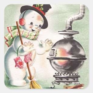 Vintage Snowman By The Wood Stove Square Sticker