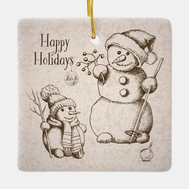 Vintage Snowman Christmas and Holiday Ceramic Ornament (Front)