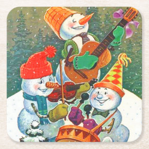 Vintage Snowman Christmas Band Square Paper Coaster