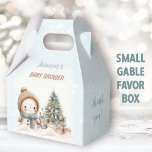 Vintage Snowman Christmas Boy Baby Shower Small Favour Box<br><div class="desc">Cute Christmas Boy Baby Shower small gable favour boxes featuring a lovely snowman,  Christmas tree with gifts and snow in blue,  with vintage vibes. You can choose from 3 sizes of these gable favour boxes  - Kate Eden Art</div>