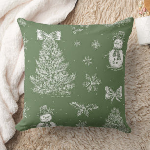 Vintage Snowman Christmas Toile Sage Green White Cushion
