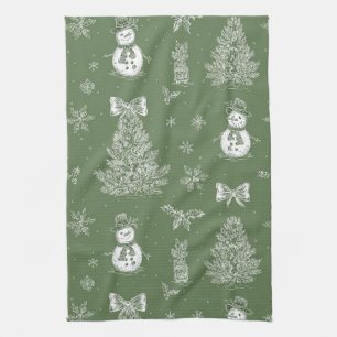 Vintage Snowman Christmas Toile Sage Green White Tea Towel