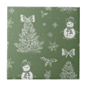 Vintage Snowman Christmas Toile Sage Green White Tile