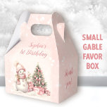 Vintage Snowman Girl Pink Christmas 1st Birthday Favour Box<br><div class="desc">Cute Christmas 1st or any girl Birthday small gable favour boxes with an adorable snowman and Christmas tree in blush pink with vintage vibes. Easily personalise the text. You can choose from 3 sizes of these gable favour boxes  - Kate Eden Art</div>
