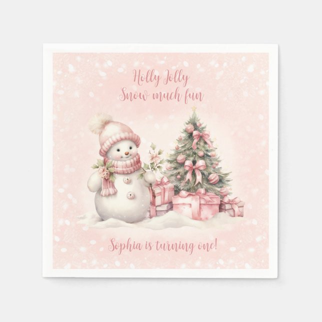 Vintage Snowman Girl Pink Christmas 1st Birthday Napkin (Front)
