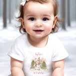 Vintage Snowman Girl Pink First Birthday T-shirt<br><div class="desc">Cute winter First Birthday baby t-shirt with an adorable snowman in the forest in blush pink with vintage vibes. Easily personalise the text. :) - Kate Eden Art</div>