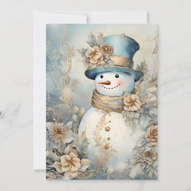 Vintage Snowman Gold Blue White Christmas Holiday Card (Front)